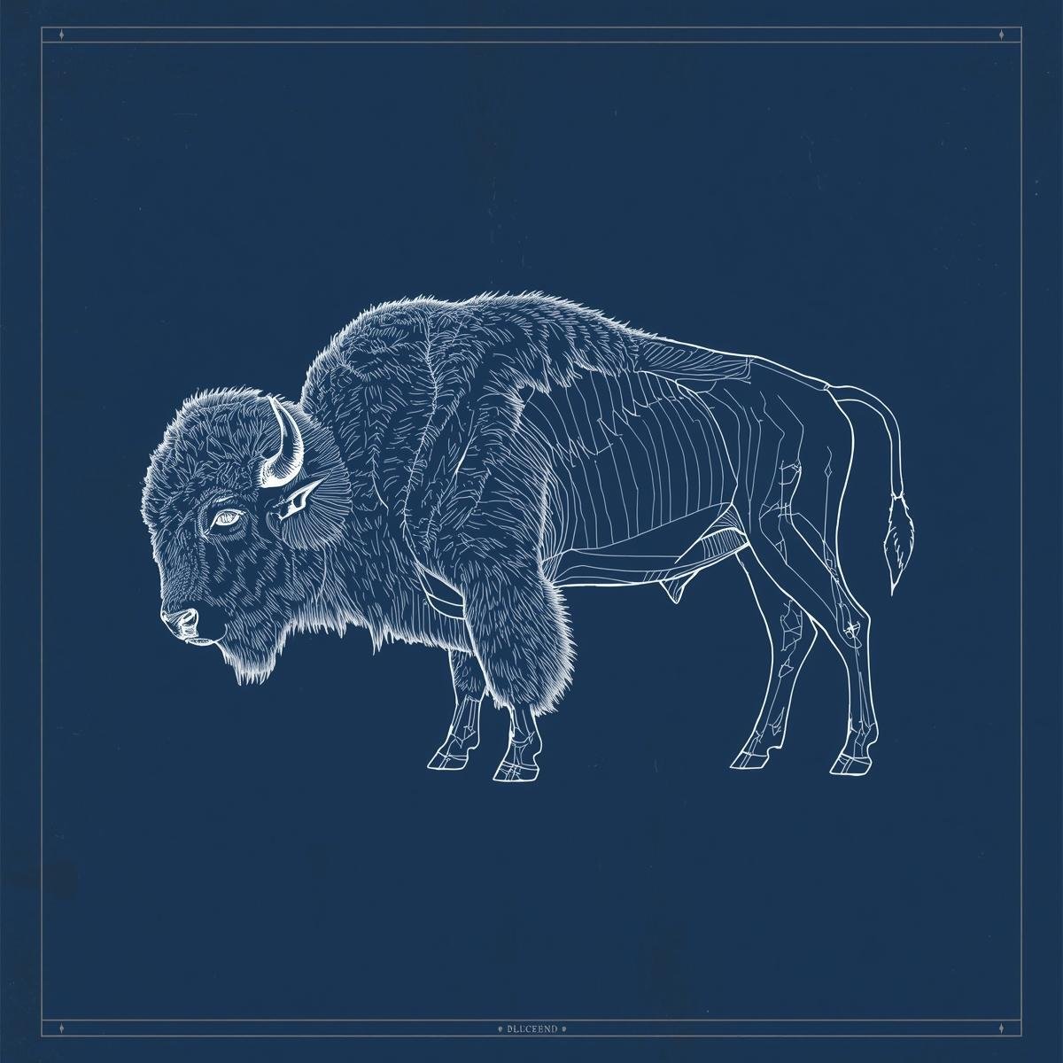 buffalo in blueprint style, dark blue background, no lines, no words